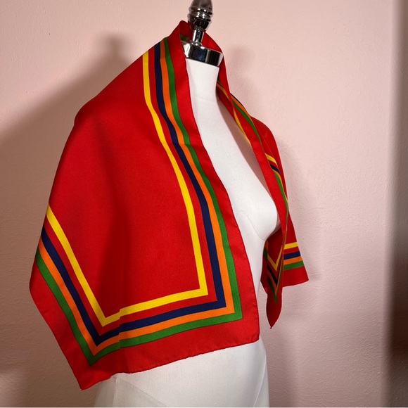 Vintage 70 80 Red MOD Rainbow Preppy Stripe Rectangle Bow Neck Scarf - Picture 7 of 17